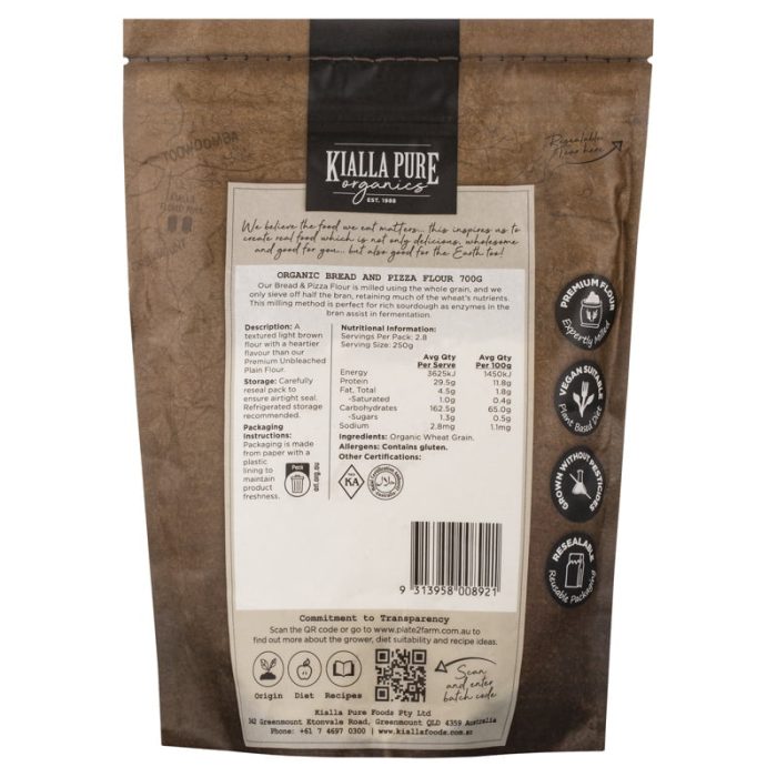 Kialla Organic Bread and Pizza Flour 700g back LF700 Kialla Organic Bread and Pizza Flour 700g back LF700
